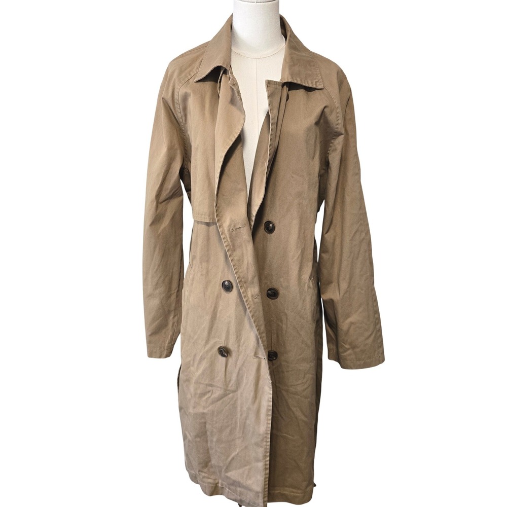 American Eagle Trench Coat Women XL Khaki Tan Double Breasted Belted Cotton